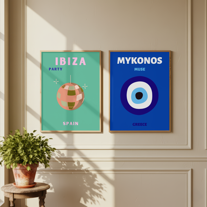 Ibiza & Mykonos Travel Print Set of 2 | Mediterranean Wall Art Posters