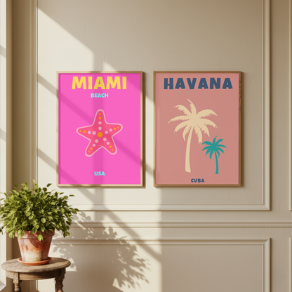 Havana & Miami Travel Print Set of 2 | Tropical Sunset Wall Art