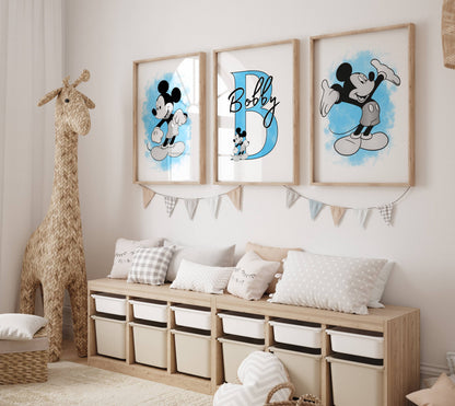 Personalised Mouse Nursery Print Set of 3 Blue Baby Bedroom Wall Art