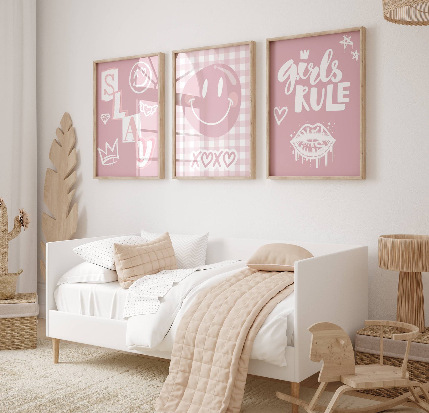 Pink Preppy Girls Bedroom Wall Art Set | Coquette Smiley Face Prints