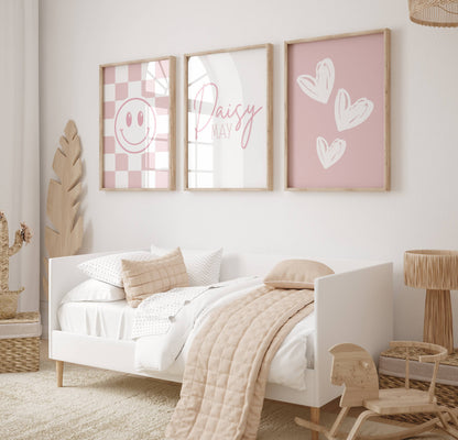Set of 3 Girls Pink Personalised Bedroom Prints