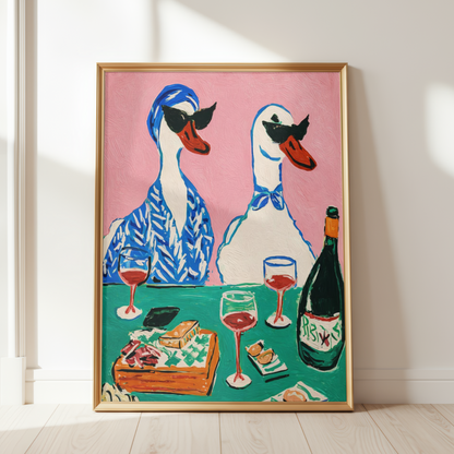 Funny Ducks Drinking Wine Wall Art Print