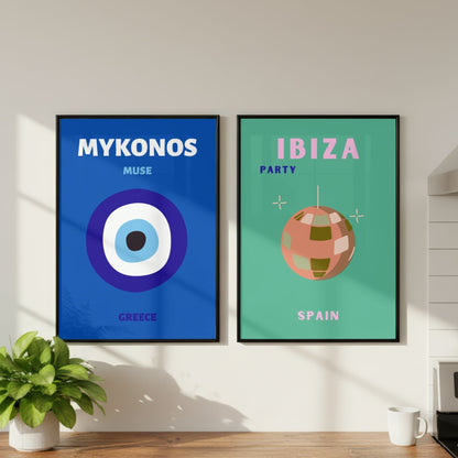 Ibiza & Mykonos Travel Print Set of 2 | Mediterranean Wall Art Posters