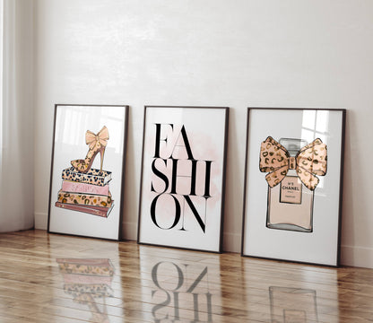 Set of 3 Pink Leopard Bows / Stilettos Wall Art
