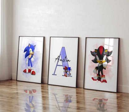 Set of 3 Childrens Personalised Sonic and Shadow Bedroom Print