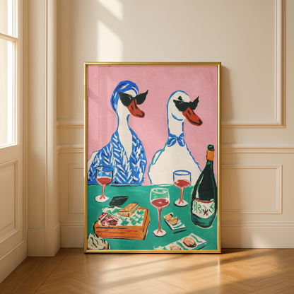 Funny Ducks Drinking Wine Wall Art Print