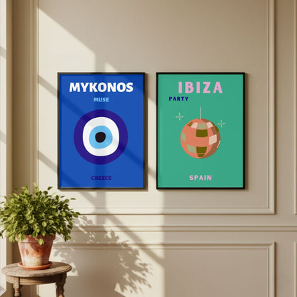 Ibiza & Mykonos Travel Print Set of 2 | Mediterranean Wall Art Posters