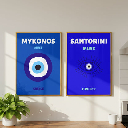 Mykonos & Santorini Travel Print Set of 2 | Greek Islands Wall Art