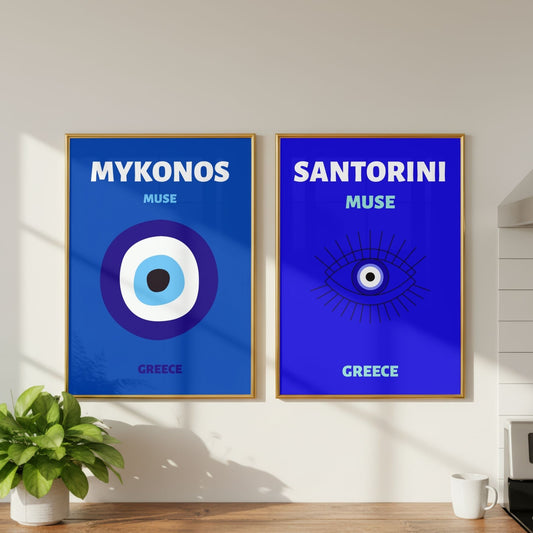 Mykonos & Santorini Travel Print Set of 2 | Greek Islands Wall Art