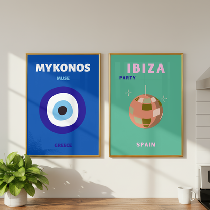Ibiza & Mykonos Travel Print Set of 2 | Mediterranean Wall Art Posters