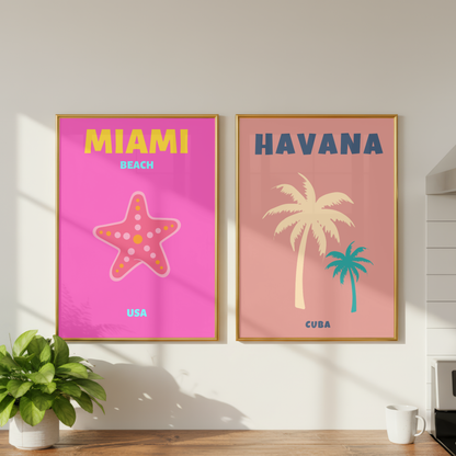 Havana & Miami Travel Print Set of 2 | Tropical Sunset Wall Art