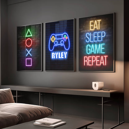Set of 3 Personalised Neon Gamer Prints