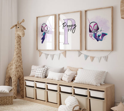 Personalised Spider Gwen Ghost Spider Wall Art Set of 3 | Superhero Girls Bedroom Prints
