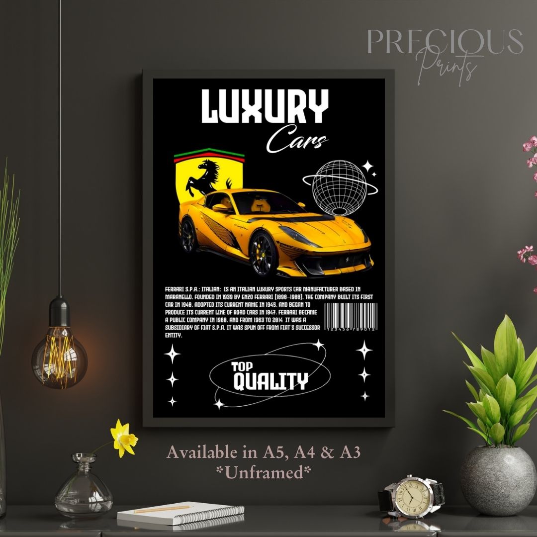 Yellow Ferrari S.P.A Italian Sports Car Poster