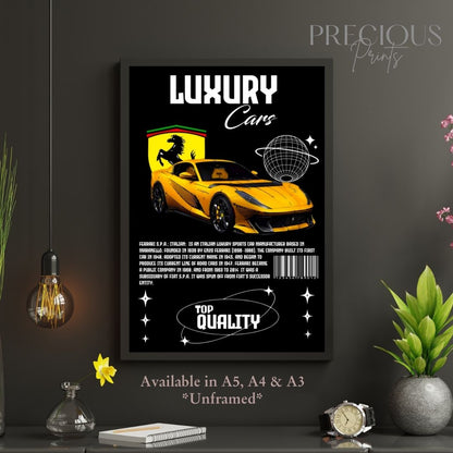 Yellow Ferrari S.P.A Italian Sports Car Poster