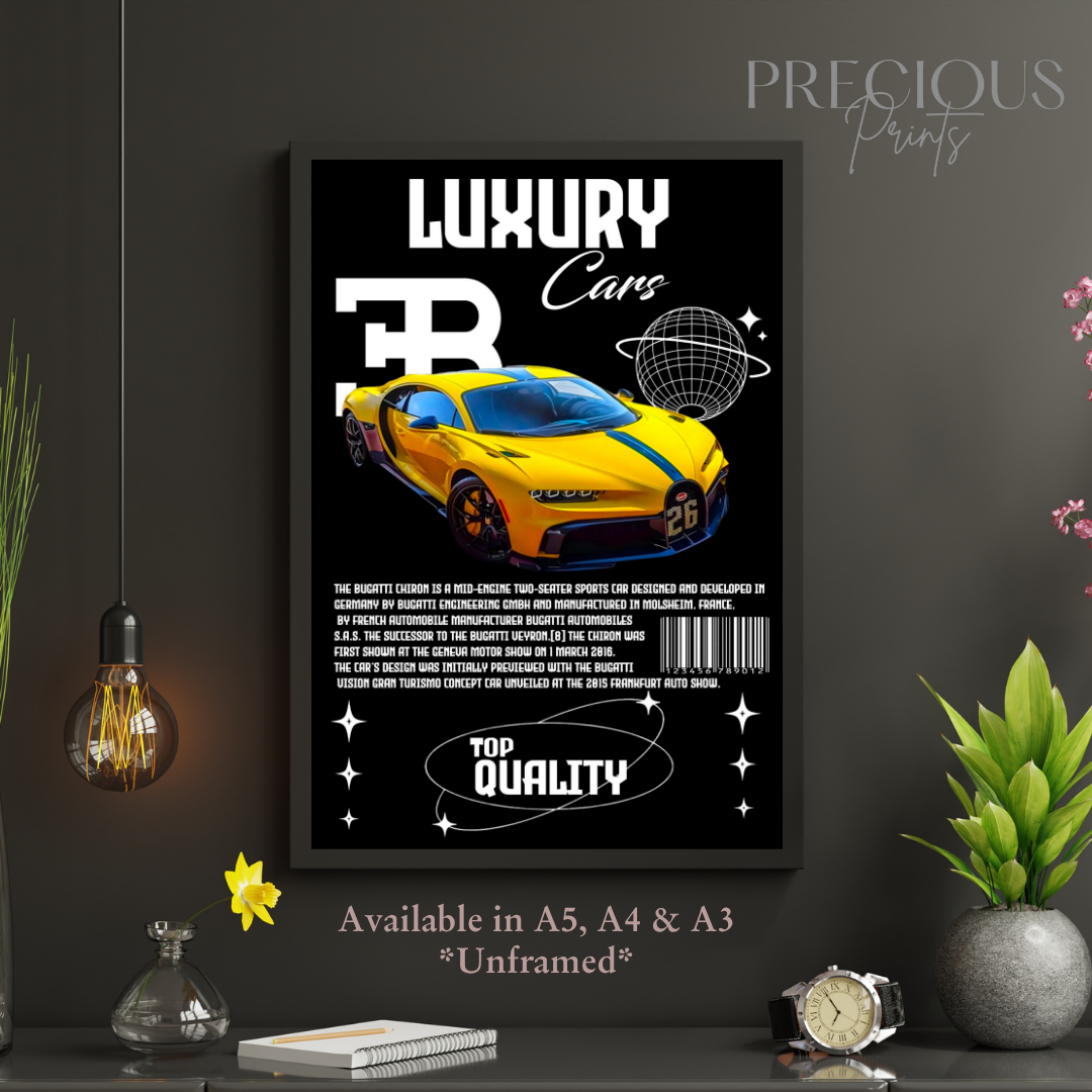 Yellow Bugatti Chiron Sports Car Poster
