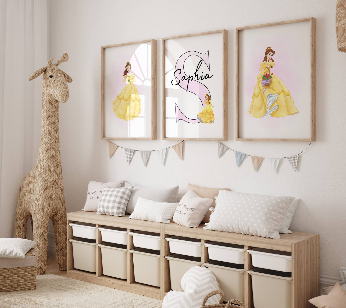 Disney Princess Belle Personalised Name Prints Set of 3 | Girls Bedroom Wall Art