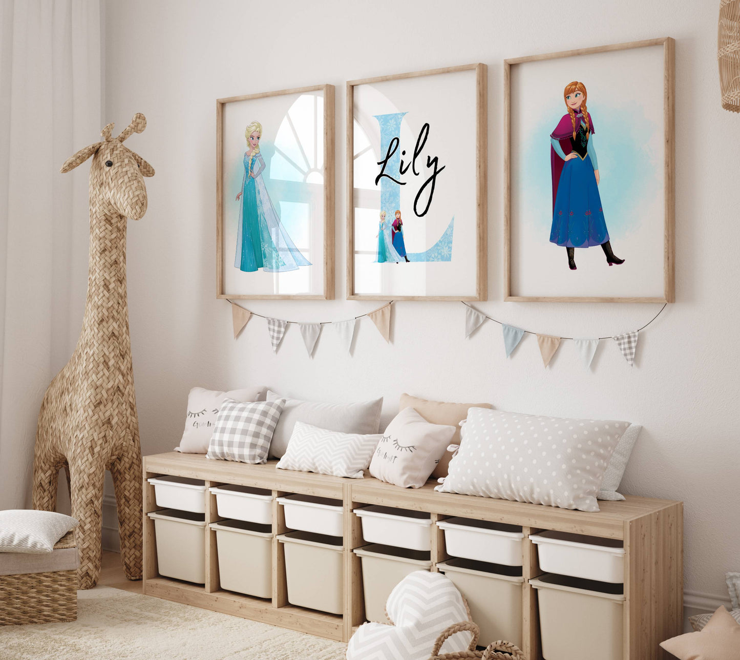 Personalised Frozen Princess Wall Art Set of 3 | Elsa Anna Girls Bedroom Prints