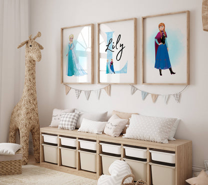 Personalised Frozen Princess Wall Art Set of 3 | Elsa Anna Girls Bedroom Prints