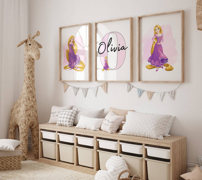 Personalised Rapunzel Princess Wall Art Set of 3 | Girls Bedroom Prints