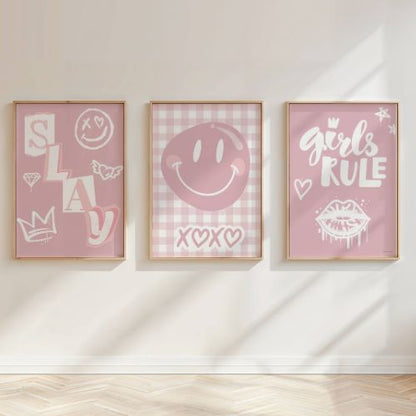Pink Preppy Girls Bedroom Wall Art Set | Coquette Smiley Face Prints