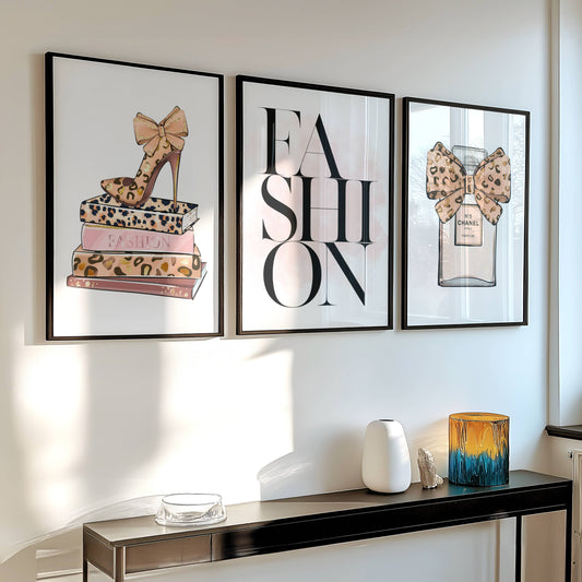 Set of 3 Pink Leopard Bows / Stilettos Wall Art