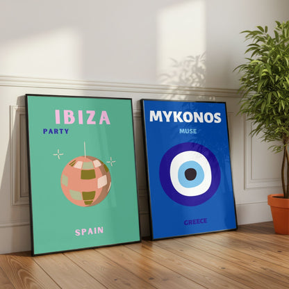 Ibiza & Mykonos Travel Print Set of 2 | Mediterranean Wall Art Posters