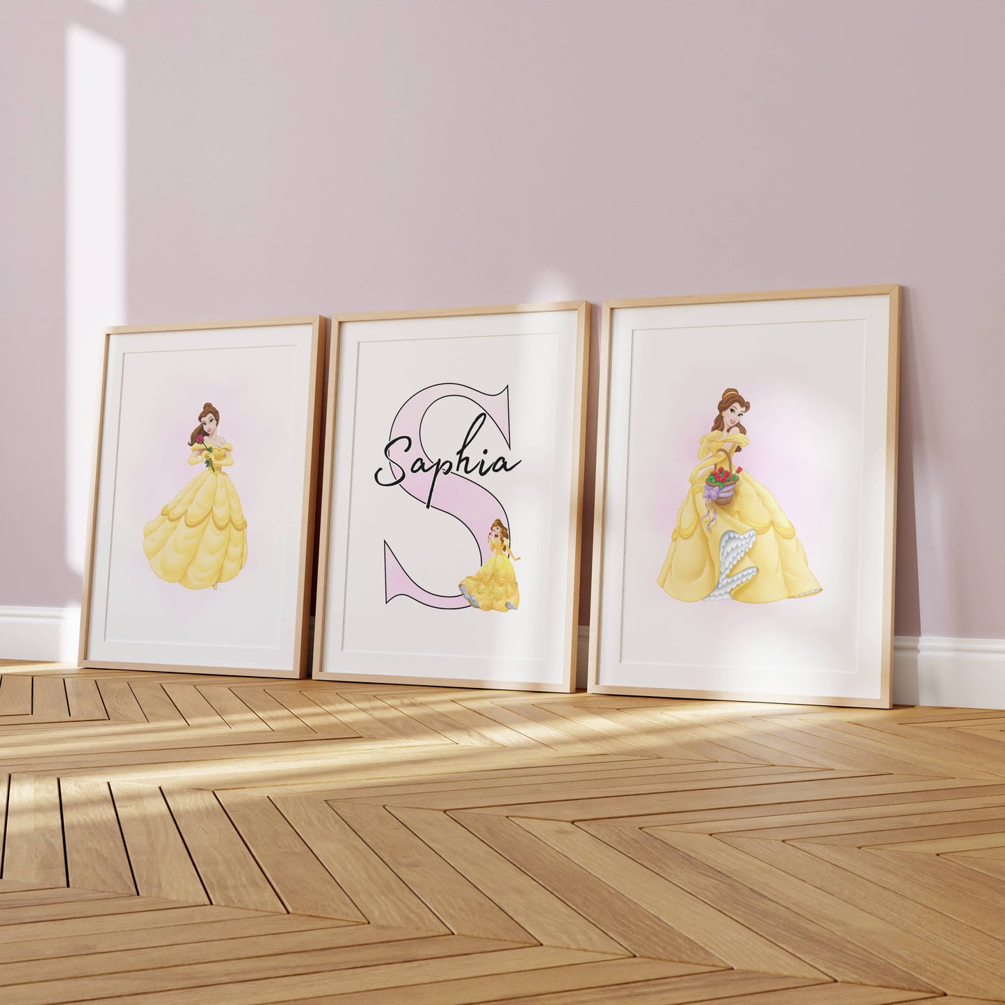 Disney Princess Belle Personalised Name Prints Set of 3 | Girls Bedroom Wall Art