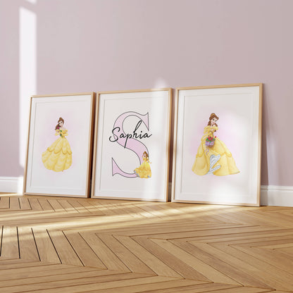 Disney Princess Belle Personalised Name Prints Set of 3 | Girls Bedroom Wall Art