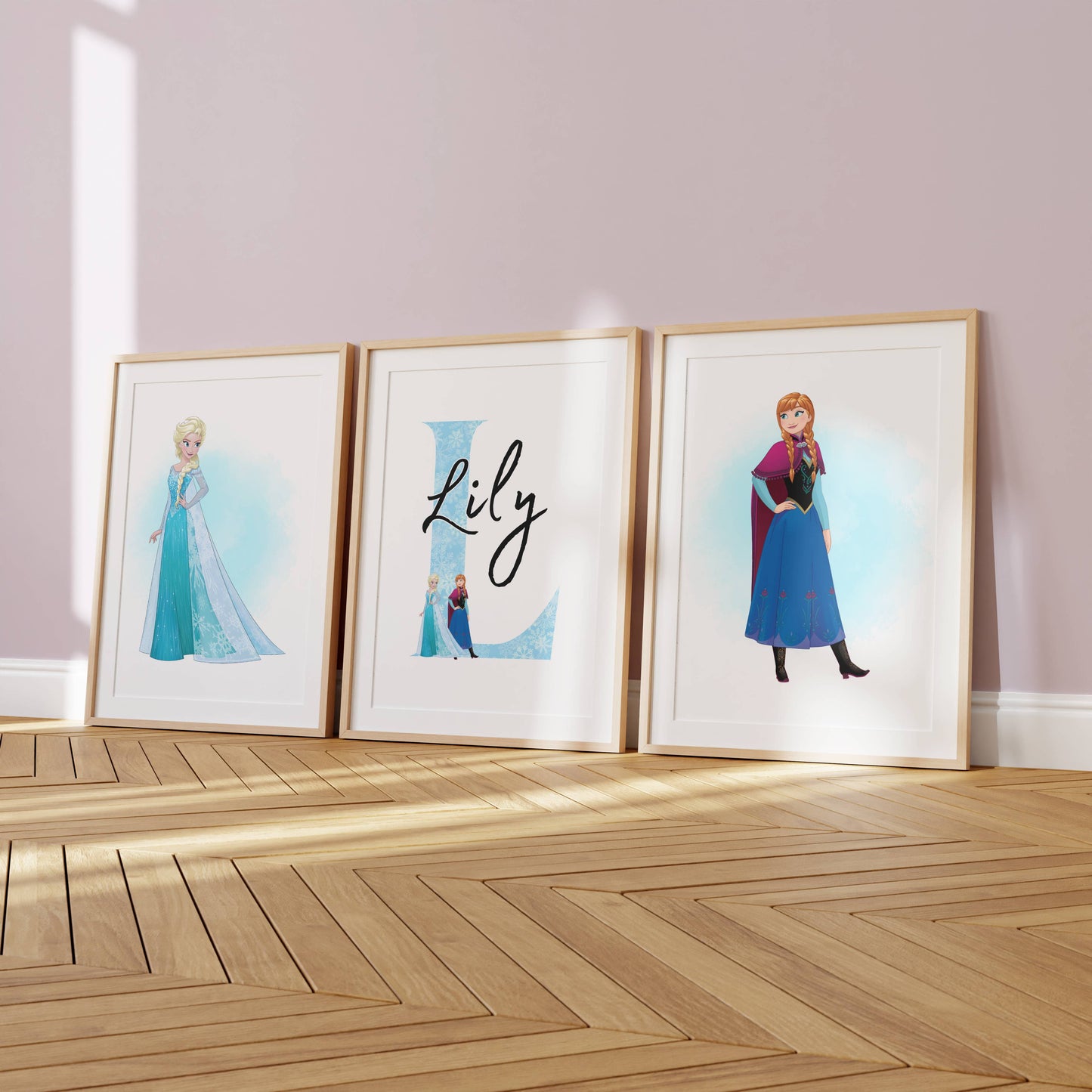 Personalised Frozen Princess Wall Art Set of 3 | Elsa Anna Girls Bedroom Prints