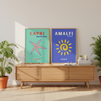 Capri & Amalfi Coast Travel Print Set of 2 | Italian Coastal Wall Art