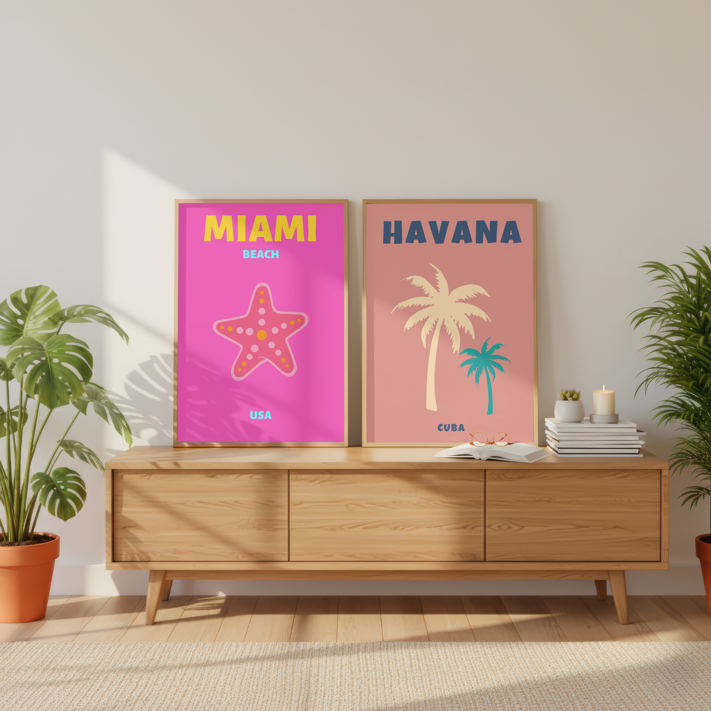 Havana & Miami Travel Print Set of 2 | Tropical Sunset Wall Art