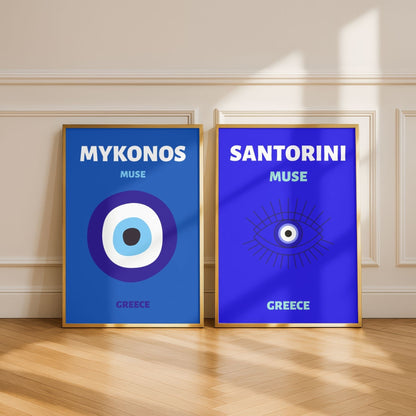 Mykonos & Santorini Travel Print Set of 2 | Greek Islands Wall Art