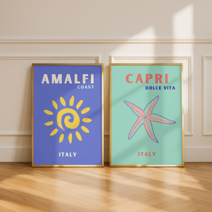 Capri & Amalfi Coast Travel Print Set of 2 | Italian Coastal Wall Art