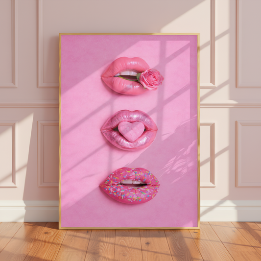 A framed vertical art print featuring three stylized pink lips with a rose, a heart, and sprinkles on a pink background, leaning against a paneled wall on a wooden floor.