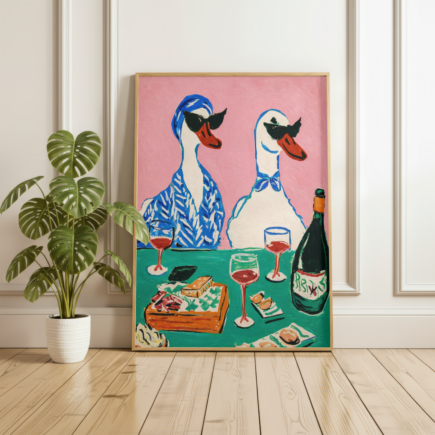 Funny Ducks Drinking Wine Wall Art Print
