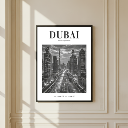 Dubai Sheikh Zayed Road Skyline Monochrome Poster