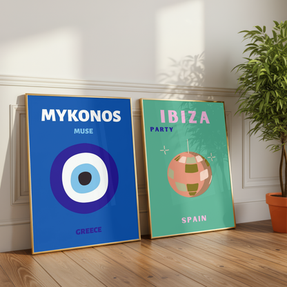 Ibiza & Mykonos Travel Print Set of 2 | Mediterranean Wall Art Posters