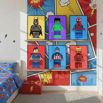 LEGO Style Superhero Wall Art Prints | Boys Bedroom Poster Set