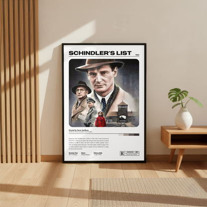 A framed poster of the movie Schindler's List leaning against a beige wall in a modern room with wood slats, a small wooden side table, and a potted plant.