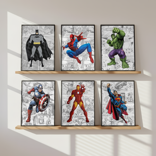 Superhero Wall Art Prints Set | Boys Bedroom Comic Poster Collection
