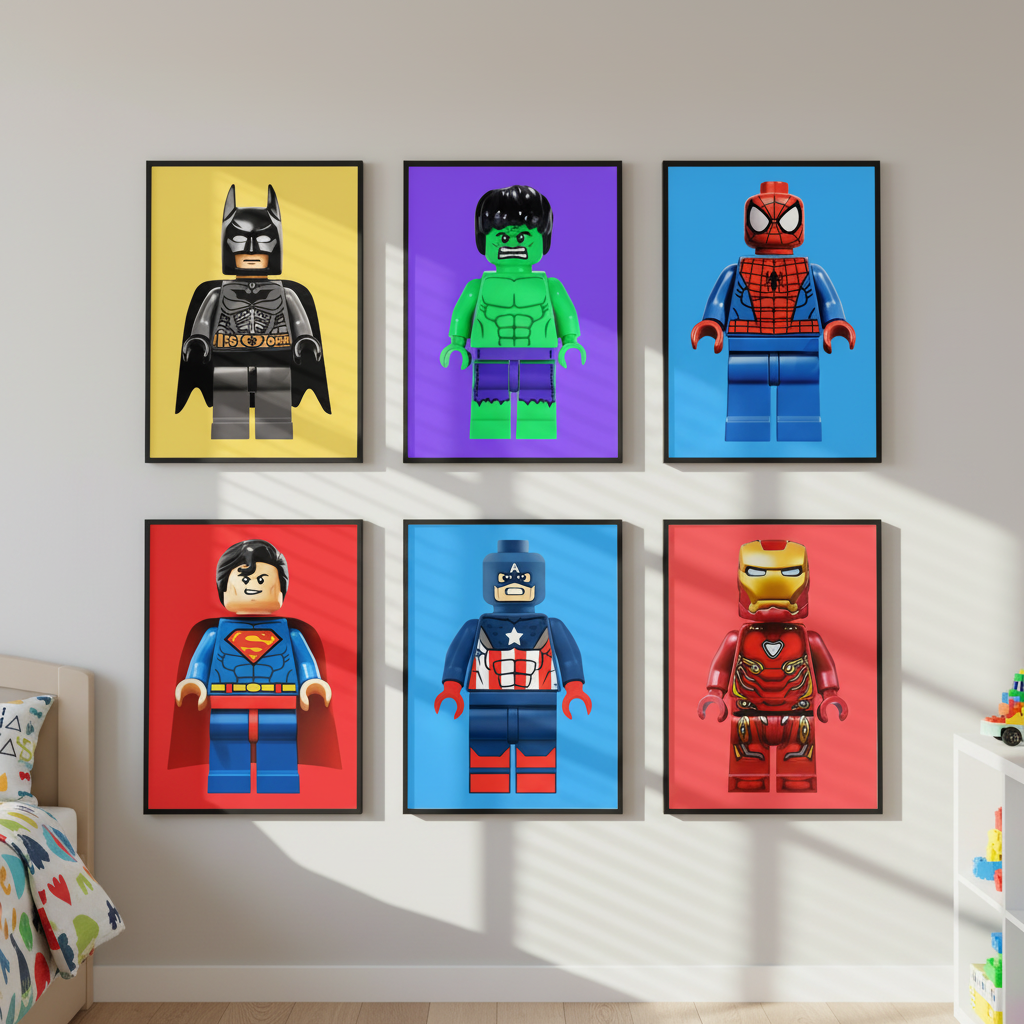 LEGO Style Superhero Wall Art Prints | Boys Bedroom Poster Set