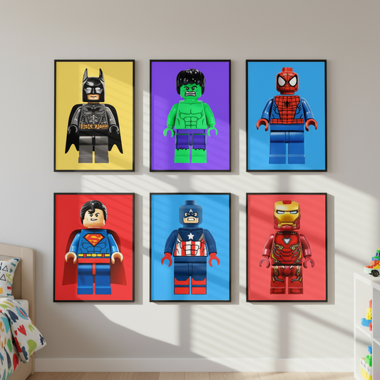 LEGO Style Superhero Wall Art Prints | Boys Bedroom Poster Set