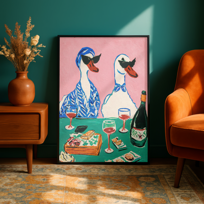 Funny Ducks Drinking Wine Wall Art Print