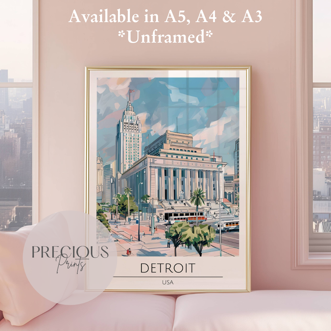 USA, Detroit Travel Print Poster / Vintage Wall Art / A5 A4 A3