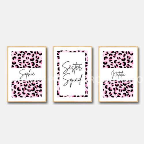 Set of 3 Sister Squad Leopard Print Personalised bedroom Print / Preppy
