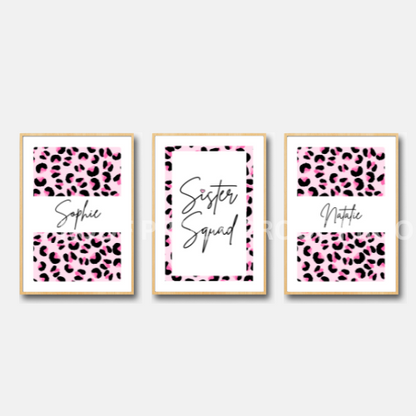 Set of 3 Sister Squad Leopard Print Personalised bedroom Print / Preppy