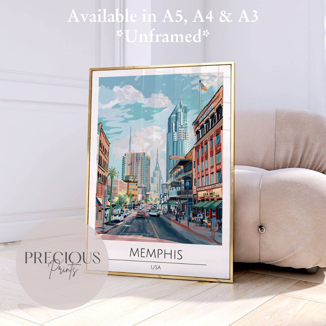 USA, Memphis Travel Print Poster / Vintage Wall Art / A5 A4 A3