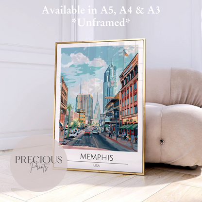 USA, Memphis Travel Print Poster / Vintage Wall Art / A5 A4 A3