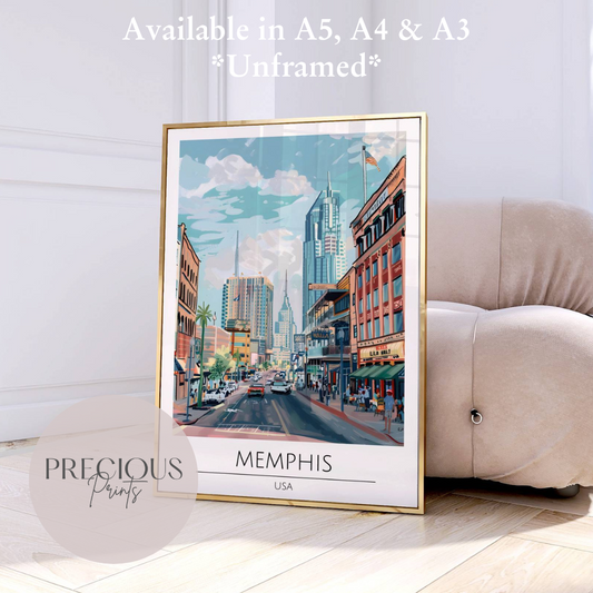 USA, Memphis Travel Print Poster / Vintage Wall Art / A5 A4 A3